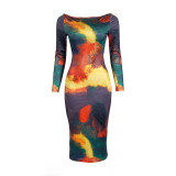 Print Long Sleeve Slim Midi Dress GAXB-A201DS