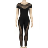 Mesh Patchwork Short Sleeve Jumpsuit GAXB-A028JP