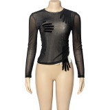 Solid Mesh Patchwork Long Sleeve See-Through Top GAXB-A292TP