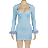 Long Sleeve Feather Patchwork Mini Dress GAXB-A301DS