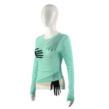Solid Mesh Patchwork Long Sleeve See-Through Top GAXB-A292TP
