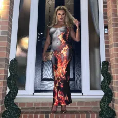 Flame Print Sling Long Dress GAXB-W055DS