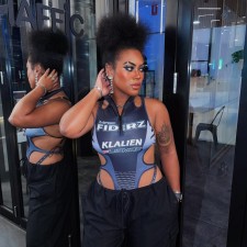 Sleeveless Letter Print Hollow Out Bodysuit GAXB-W057BS