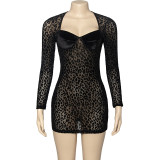 Leopard Print Flocked Mesh Mini Dress GAXB-A342DS