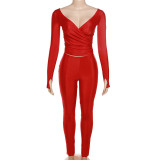 Solid V Neck Long Sleeve Pants Suit GAXB-A390ST