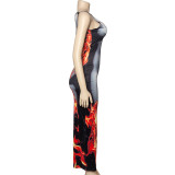 Flame Print Sling Long Dress GAXB-W055DS