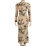 Mesh Flocked Long Sleeve Sexy Midi Dress GAXB-A251DS