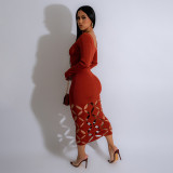 Long Sleeve Solid Hollow Out Long Dress GAXB-A298DS