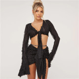 Long Sleeve Tie Up Tops And Split Skirt Suit GAXB-T002ST
