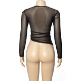 Solid Mesh Patchwork Long Sleeve See-Through Top GAXB-A292TP