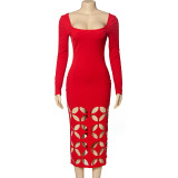 Long Sleeve Solid Hollow Out Long Dress GAXB-A298DS