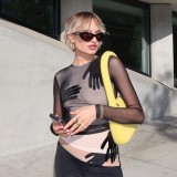 Solid Mesh Patchwork Long Sleeve See-Through Top GAXB-A292TP
