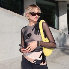 Solid Mesh Patchwork Long Sleeve See-Through Top GAXB-A292TP