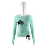 Solid Mesh Patchwork Long Sleeve See-Through Top GAXB-A292TP
