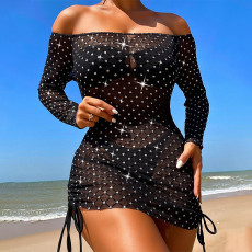 One Shoulder Long Sleeve Drawstring Mini Dress GAXB-A127DS