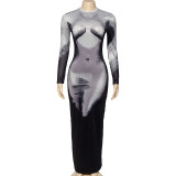 Printed Round Neck Long Sleeve Maxi Dress GAXB-A210DS