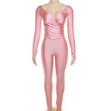 Solid V Neck Long Sleeve Pants Suit GAXB-A390ST