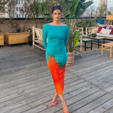 Tie Up Long Sleeve Print Maxi Dress GAXB-A200DS