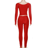 Solid V Neck Long Sleeve Pants Suit GAXB-A390ST