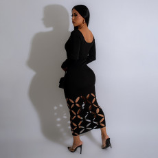Long Sleeve Solid Hollow Out Long Dress GAXB-A298DS