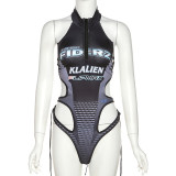 Sleeveless Letter Print Hollow Out Bodysuit GAXB-W057BS