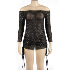 One Shoulder Long Sleeve Drawstring Mini Dress GAXB-A127DS