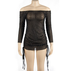 One Shoulder Long Sleeve Drawstring Mini Dress GAXB-A127DS
