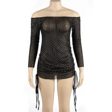 One Shoulder Long Sleeve Drawstring Mini Dress GAXB-A127DS