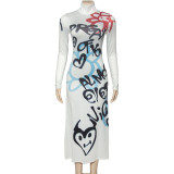 Long Sleeve Graffiti Letter Print Long Dress GAXB-W064DS