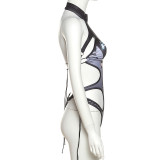 Sleeveless Letter Print Hollow Out Bodysuit GAXB-W057BS