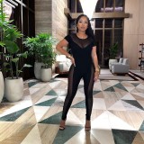 Mesh Patchwork Short Sleeve Jumpsuit GAXB-A028JP