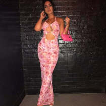 Sleeveless Floral Print Lace-Up Maxi Dress GAXB-A035D