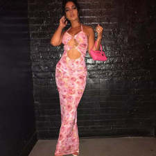 Sleeveless Floral Print Lace-Up Maxi Dress GAXB-A035D