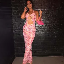 Sleeveless Floral Print Lace-Up Maxi Dress GAXB-A035D