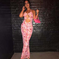 Sleeveless Floral Print Lace-Up Maxi Dress GAXB-A035D