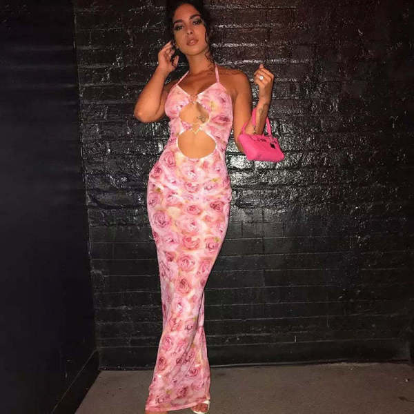 Sleeveless Floral Print Lace-Up Maxi Dress GAXB-A035D