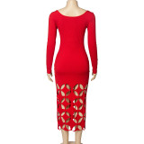 Long Sleeve Solid Hollow Out Long Dress GAXB-A298DS