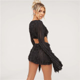 Long Sleeve Tie Up Tops And Split Skirt Suit GAXB-T002ST