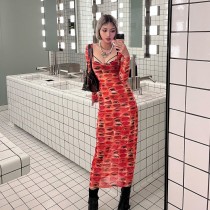 See Through Mesh Print Long Dress GAXB-A199DS
