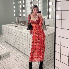 See Through Mesh Print Long Dress GAXB-A199DS