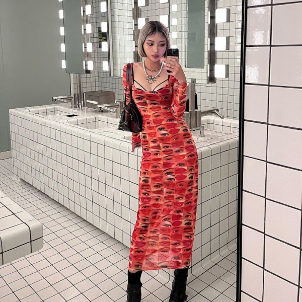 See Through Mesh Print Long Dress GAXB-A199DS