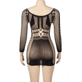 Solid Hollow Out Long Sleeve Sexy Erotic Dress GAXB-A083DS