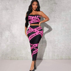 Letter Print Wrap Chest Long Skirt Two Piece Set GAXB-A360ST