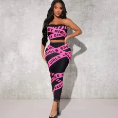 Letter Print Wrap Chest Long Skirt Two Piece Set GAXB-A360ST