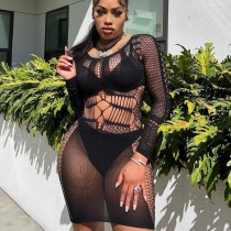 Solid Hollow Out Long Sleeve Sexy Erotic Dress GAXB-A083DS