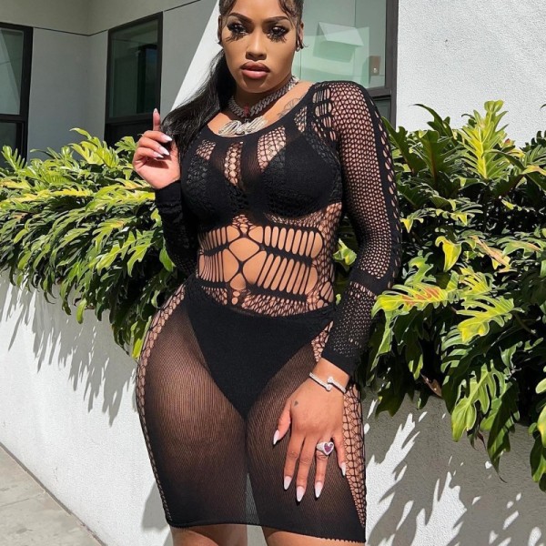 Solid Hollow Out Long Sleeve Sexy Erotic Dress GAXB-A083DS