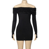 Solid Color One-Shoulder Patchwork Plush Dress GAXB-A329DS