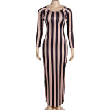 Stripe Print Long Sleeve Backless Maxi Dress GAXB-A253DS