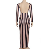 Stripe Print Long Sleeve Backless Maxi Dress GAXB-A253DS