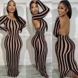 Stripe Print Long Sleeve Backless Maxi Dress GAXB-A253DS